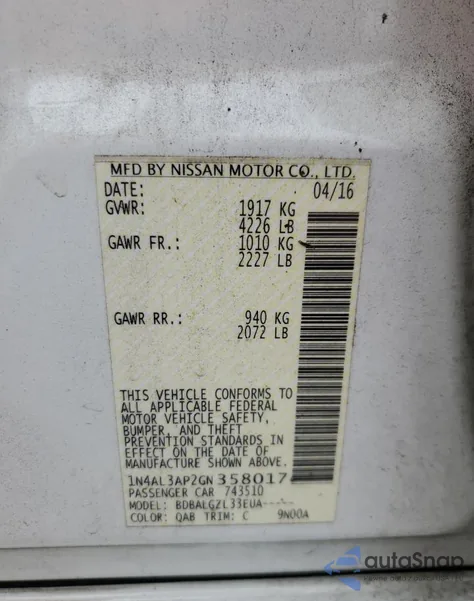 2016 Nissan Altima 2.5 from USA, damaged, VIN 1N4AL3AP2GN358017